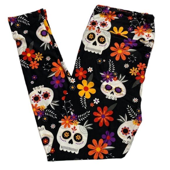 LuLaRoe Halloween Candy Skulls Leggings Black Floral OS TC Comfy - Picture 1 of 2